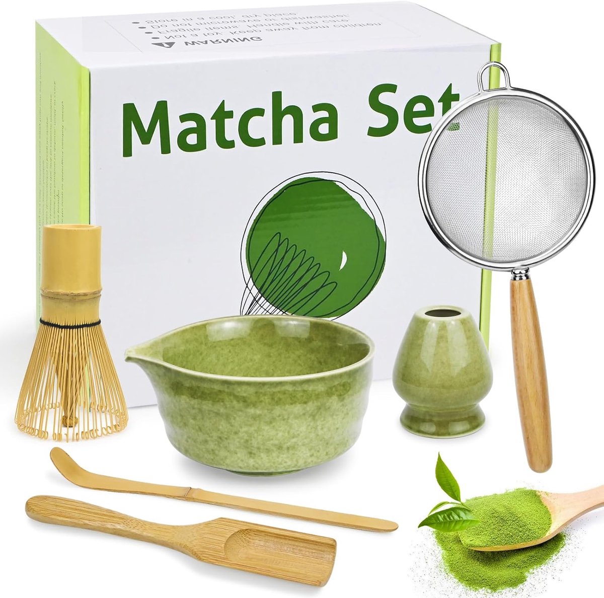 Matcha Set 6-delig, Japans Matcha Theeset met Bamboe Garde, Matcha Kom, Houder, Zeef en Lepel, Perfect voor Matcha Ceremonie en Lattes, Cadeau voor Matcha Liefhebbers, Groen