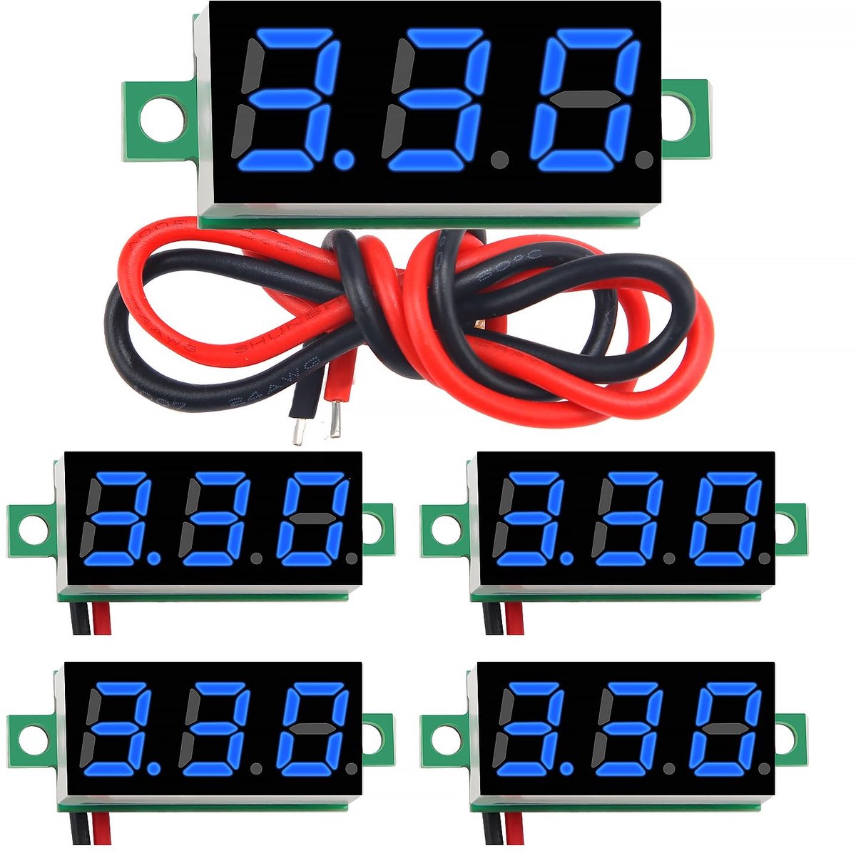 5 Stuks 0.28 Inch Mini Digitale Voltmeter, 2.4 V-30 V Mini DC Voltmeter met Twee draden, Omgekeerde Polariteit Bescherming en Nauwkeurige Drukmeting (Blauw)