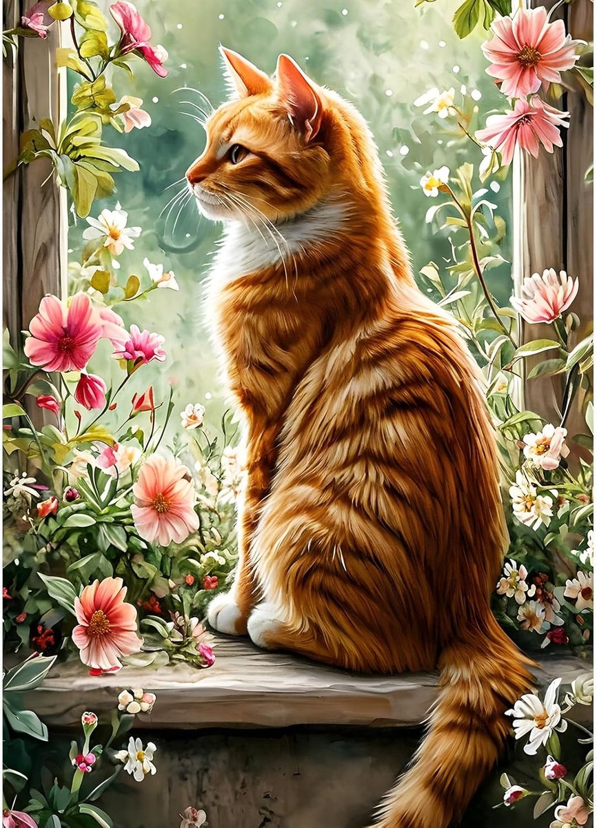5D Oranje Kat Oranje Diamant Schilderij Kits, Doe-het-zelf Raam Diamant Kunst Volledige Kit, Bloemen Tuin Borduurwerk Kits Diamant Schilderij Kruissteek Schilderij voor Volwassenen Beginners