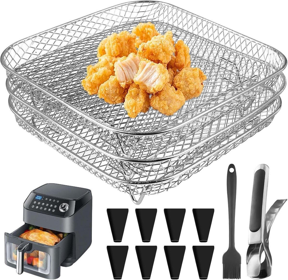 Stapelen van RVS Airfryer Accessoires met 8 Siliconen Voetjes, Tangen en Borstel voor Gezond Koken