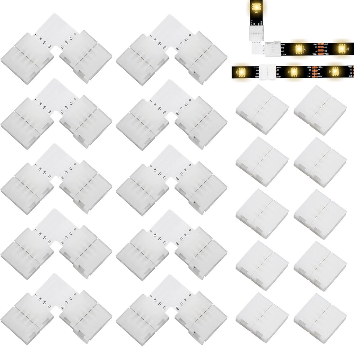 4-Pins 10 mm RGB LED-Stripconnectoren Set - L-Vormige Hoekconnectoren en Gapless Connectoren - Soldeerloze Adapter voor SMD 5050 RGB LED-Lichtconnectoren | 10 L-vormige hoekverbinders en 10 naadloze adapters voor SMD 5050 RGB ledstrips