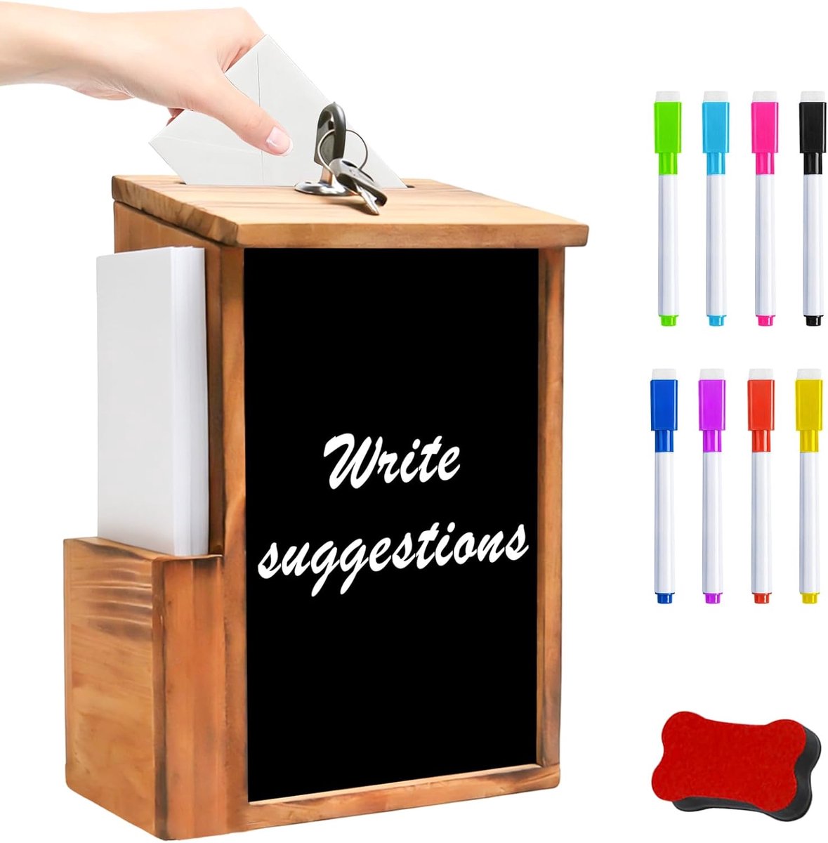 suggestiebox, (21 x 20 x 16,5 cm), afsluitbaar, met 8-kleuren-bordstift en niet-magnetische bordwisser, stembusbus, postbus, schoolvoorstel, donatie