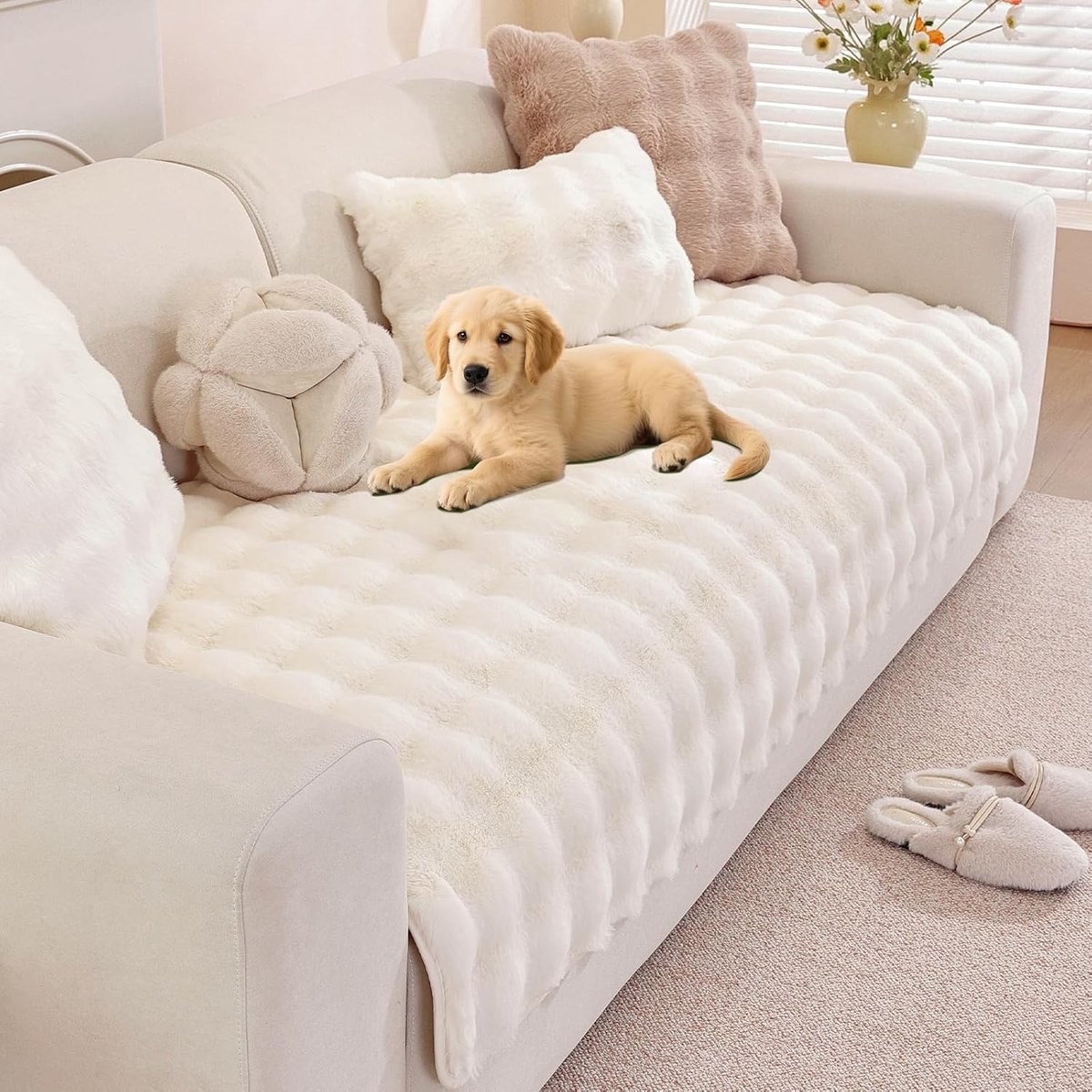 Zachte en Antislip Hoekbankhoes voor 1/2/3/4-zitsbank - Faux Bont Sofa Cover in Crème (90x120cm) voor Bescherming en Stijl