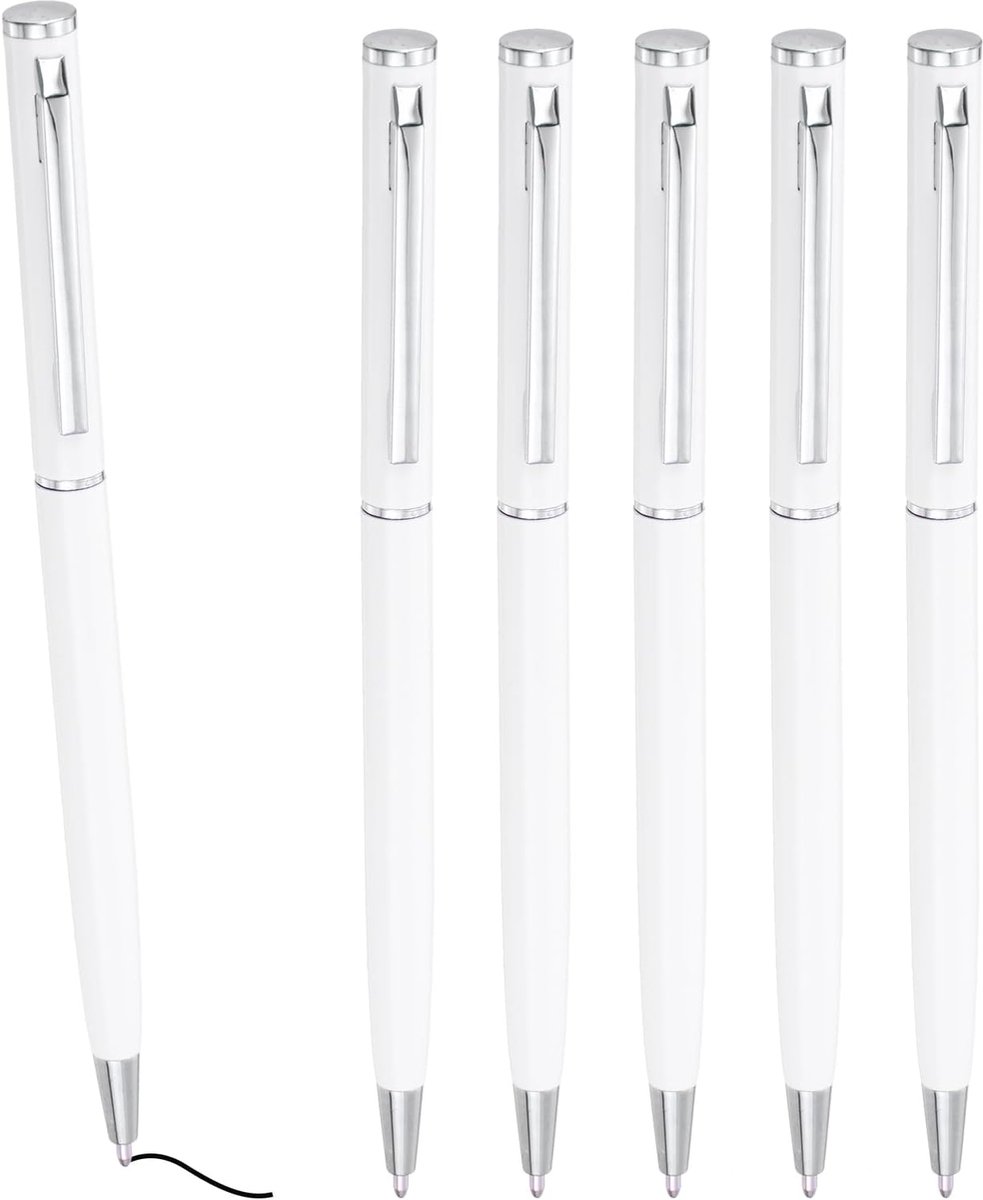 Slanke metalen balpen, 6 stuks zwarte inkt 1 mm medium puntpen, intrekbare lichtgewicht gladde schrijfpennen met metalen clips voor zaken, kantoor, bruiloft, gastenboek, wit