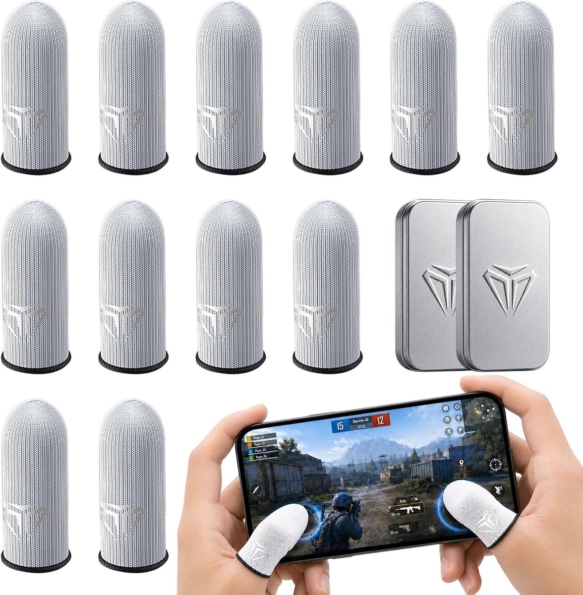 Ademende gaming-vingerhulzen, 12 stuks ultra-gevoelige anti-zweethandschoenen voor mobiele games, touchscreen en opbergdoos