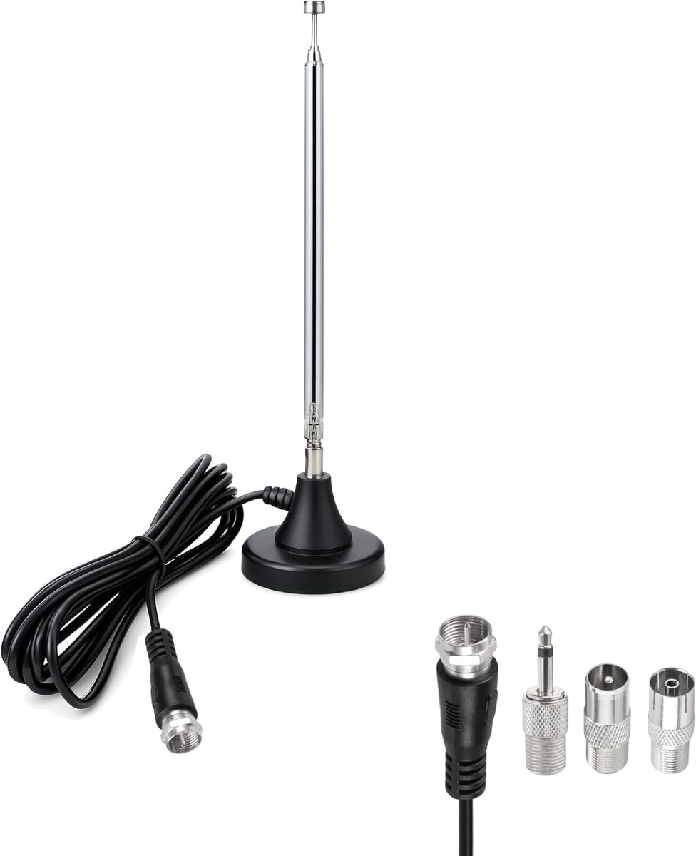 radio- en tv-antenne, digitale en analoge ontvangstantenne met magneetvoet, 3 adapters en 3 m kabel - DVB-T/T2, DVB-C, FM en DAB