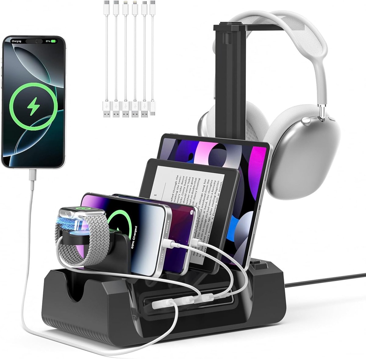 Laadstation voor meerdere apparaten met 6 poorten, mobiele telefoon oplaadstation met horloge- en headsethouder, 2 AC & USB A & USB C, snellaad-USB-oplader met hoofdtelefoonstandaard voor