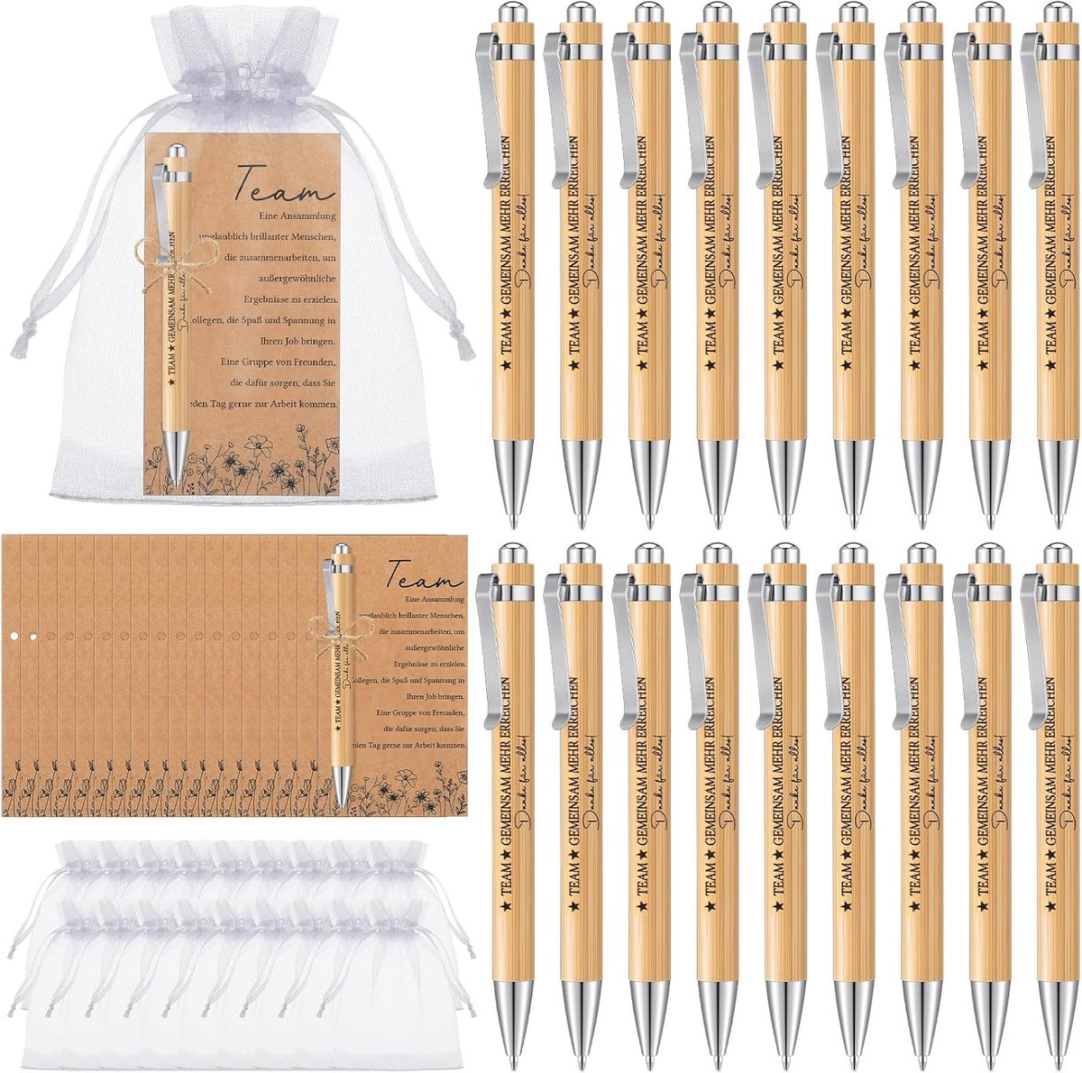 18 team-cadeausets Thanksgiving-cadeau voor collega's met bladwijzer van papier van het team, balpen met gravure met organza zakje en jute touw