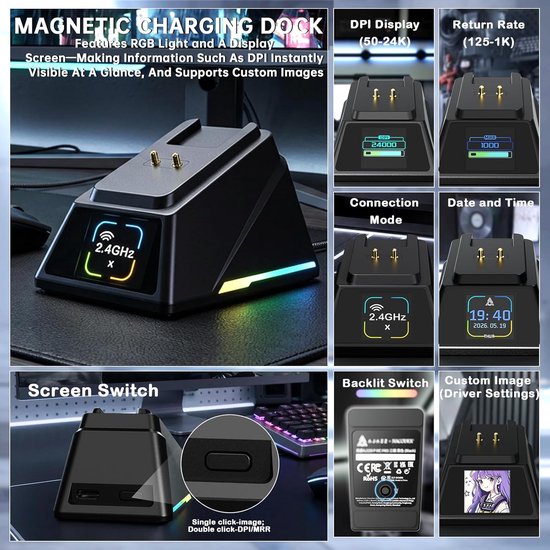 AJ159P SUPERLIGHT Draadloze Gamingmuis met RGB-Oplaadstation-Zwart - Tri-mode BT/2.4G/USB-bedraad Computer Mice, PixArt PAW3311 Optische Sensor 24000 DPI Programmable voor PC/Mac/Win11 — afbeelding 5