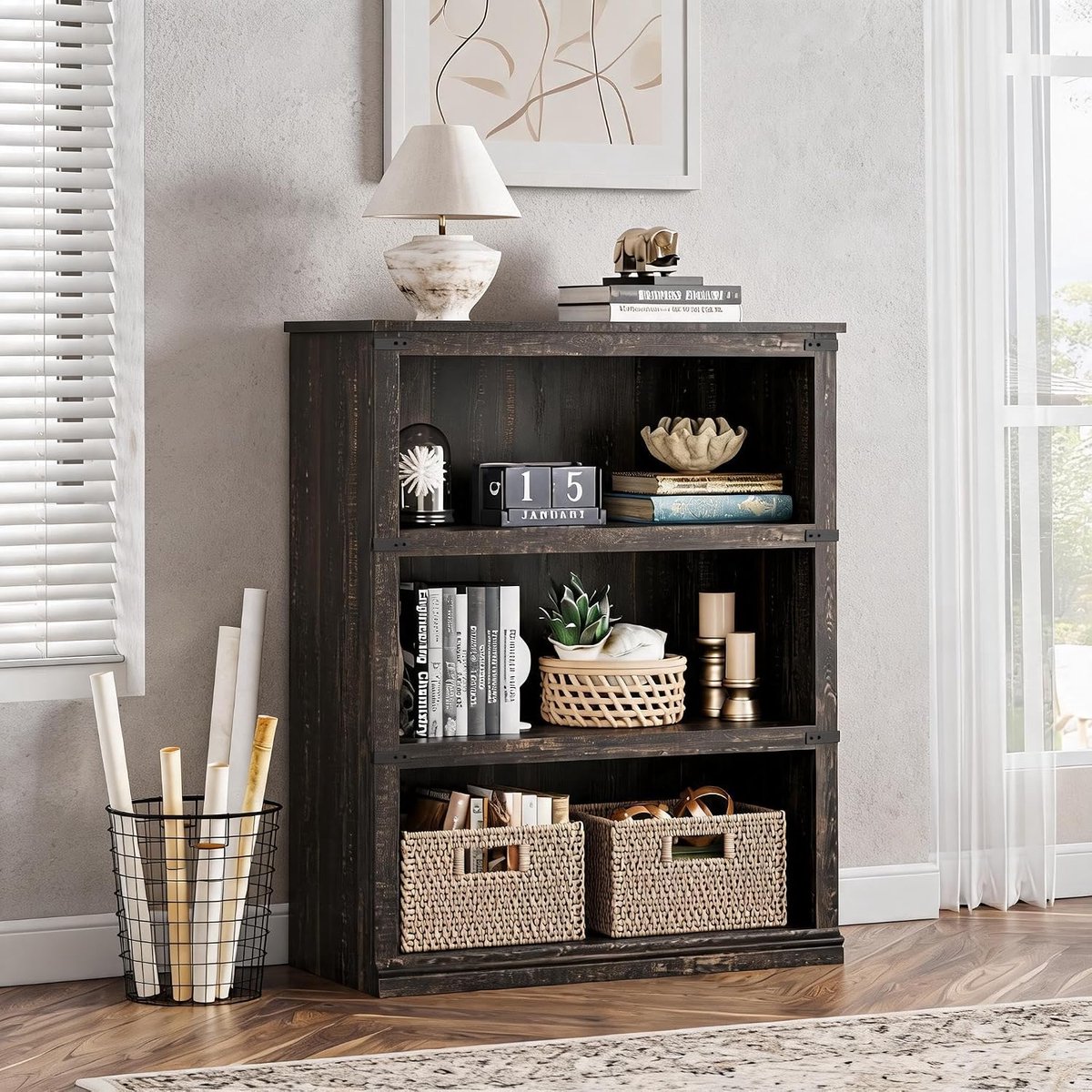 Lage Boekenkast met 3 Vakken - Landelijke Vakkenkast Hout - Open Opbergkast met Kroonlijst en Anti-omvalbeveiliging - Boekenrek voor Woonkamer, Slaapkamer en Kantoor - 80x32x102 cm - Rustiek Bruin