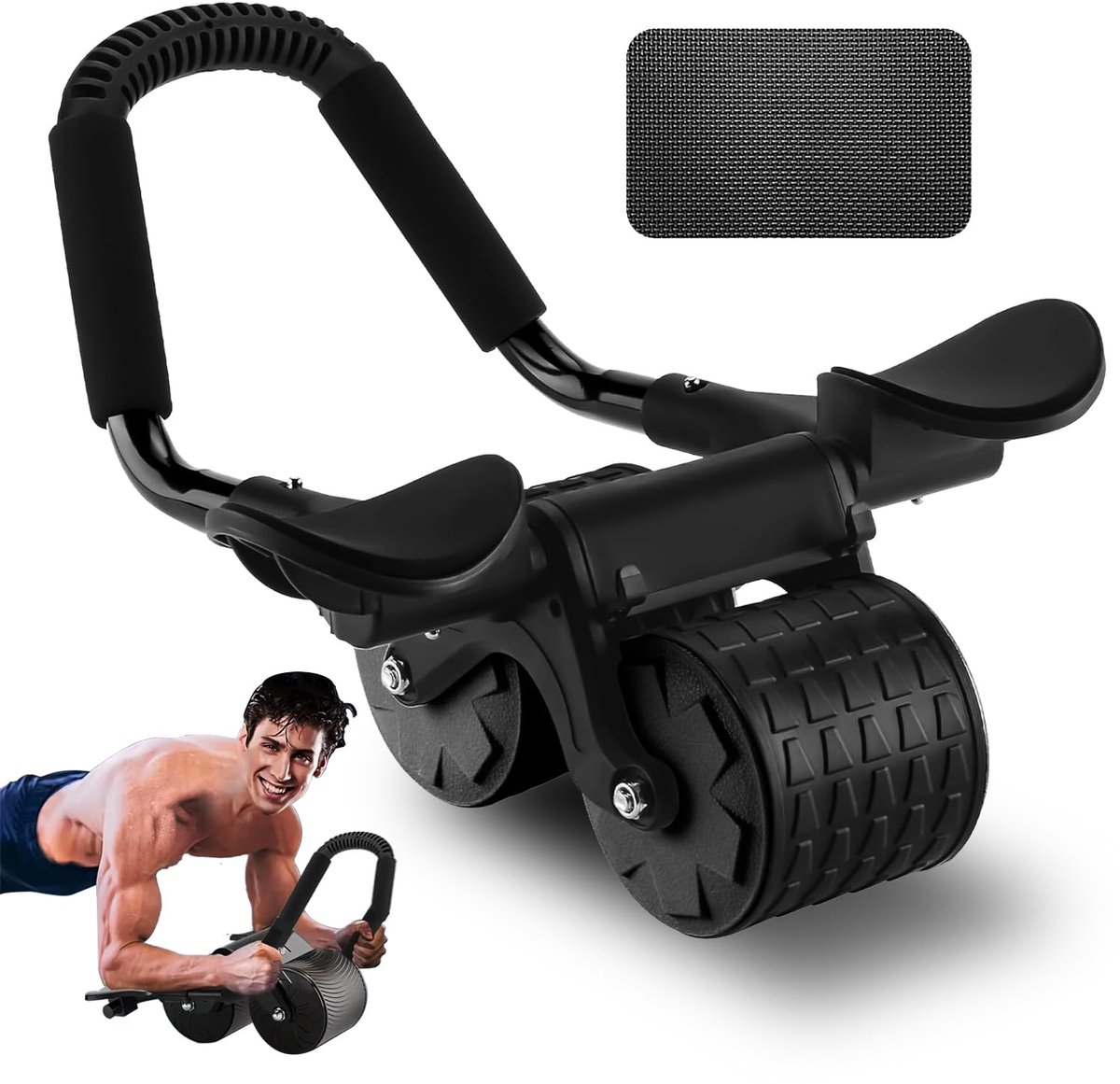 Buikspiertrainer met Ab Roller - Dubbel Wiel met Automatische Terugrolfunctie - Ab Wheel met Elleboogsteun en Kniemat - Stabiele Core Trainer voor Mannen en Vrouwen