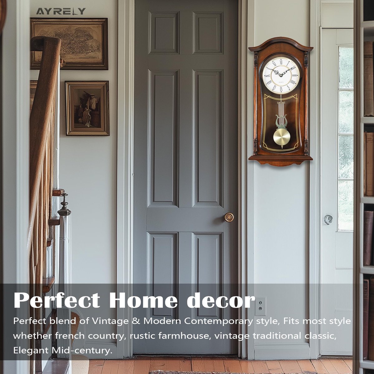 SnelShoppen - 22 Inch Grootvader Vintage Wandklok met Slinger, Mahonie Houten Frame, Uur/Kwartier Klok, Grote Vintage Wandklok voor Woonkamer, Woondec