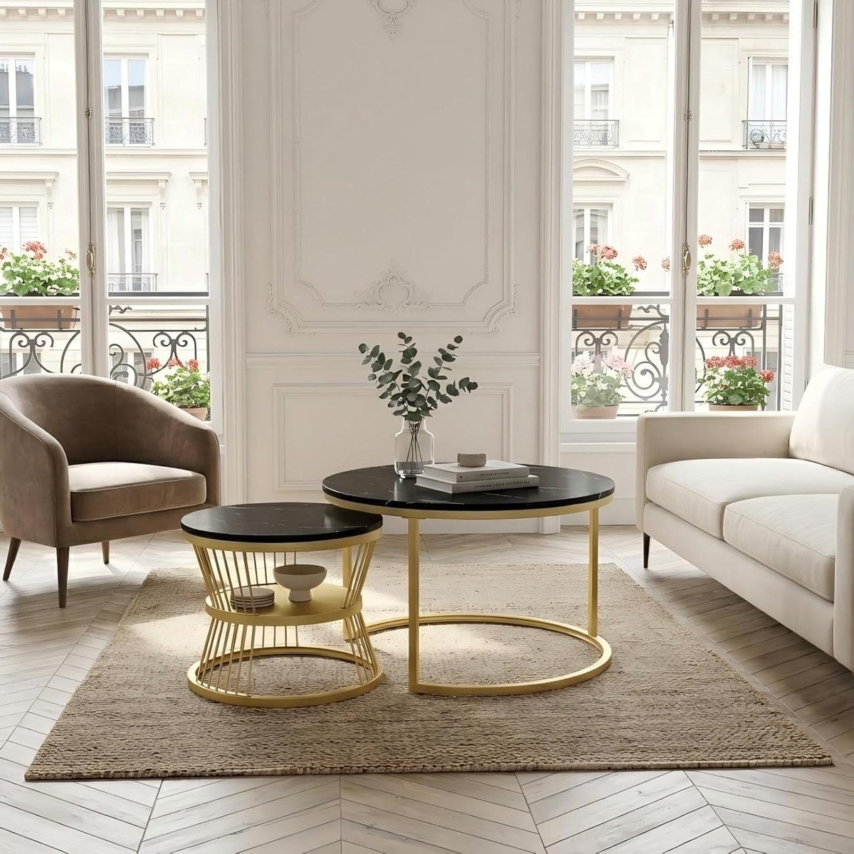 Set Salontafels - Bijzettafels Rond - Woonkamer Decoratie - Met Opbergruimte - 70x70x45.5 cm - Zwart Goud
