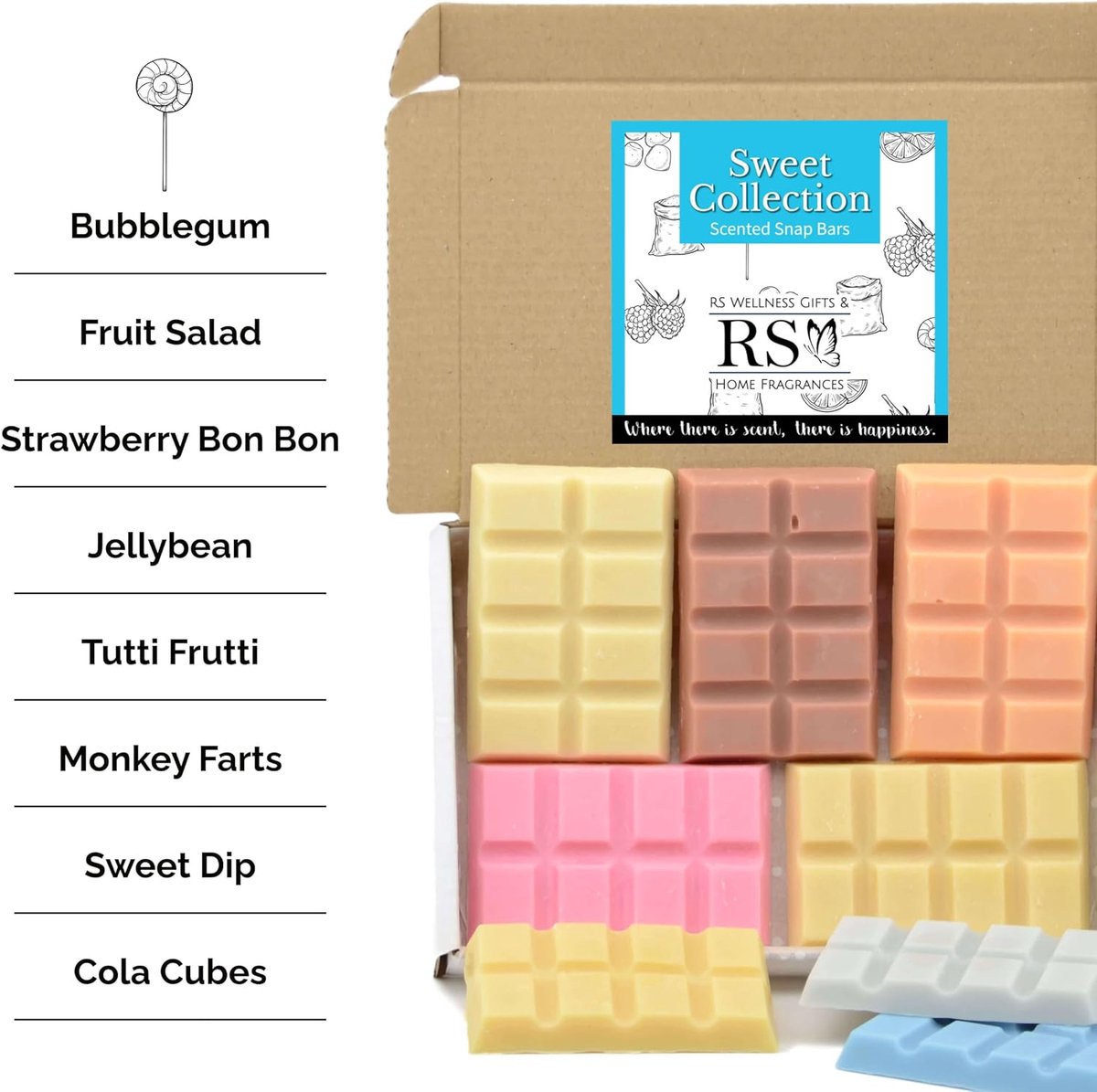 SnelShoppen - Zeer geurende Sweet Collection Wax Melts - 8 x Snap Bar Box - Tutti Frutti, Sweet Dip, Cola Cubes, Bubblegum, JellyBean, Aap Bon Bon, Mo
