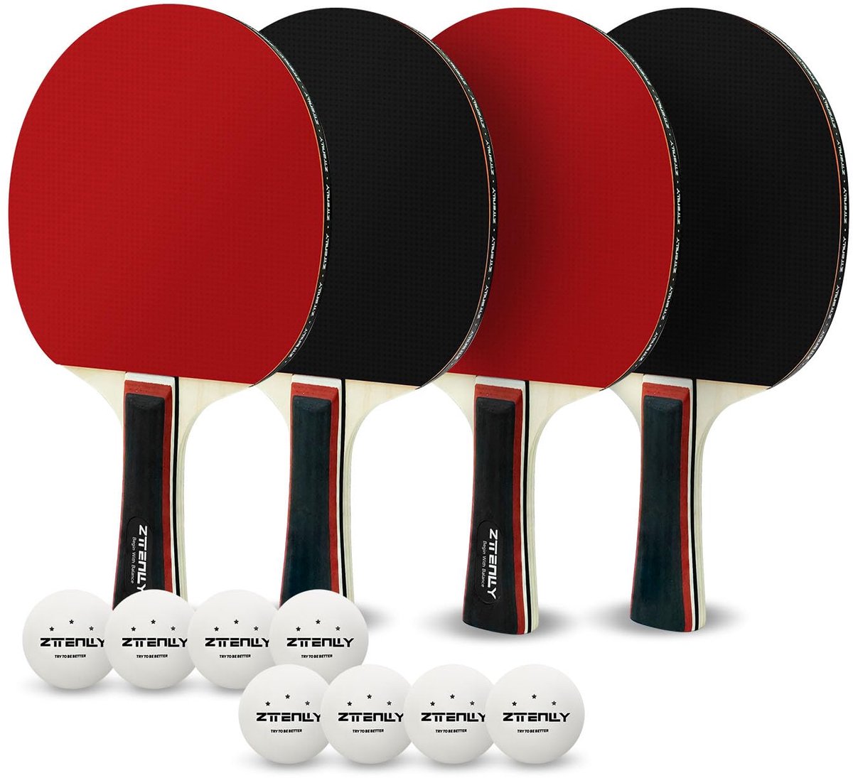 SnelShoppen - Pingpongpeddels set van 4 met ballen en opbergkoffer | Betere controle, kleverig omgekeerd rubber, tafeltennispeddelset voor binnen- en