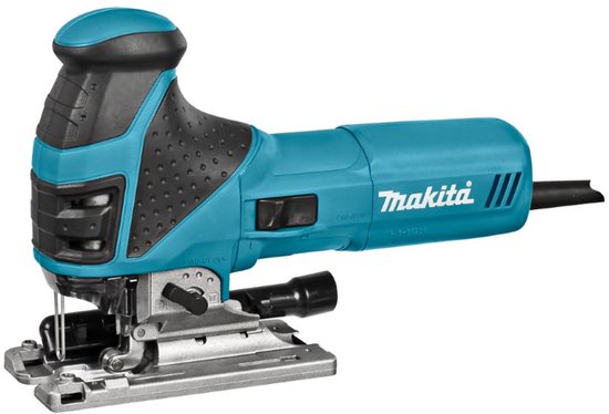 Turquoise Makita decoupeerzaag met zwarte accenten. Het logo van Makita staat op de zijkant.