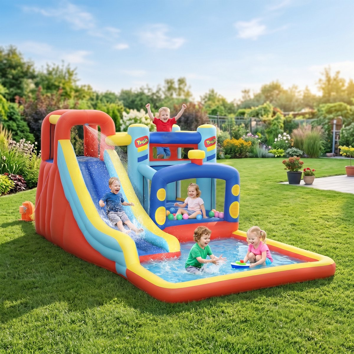 ECTEATOY® Springkussens - Opblaasbaar springkasteel - met blower, glijbaan, trampoline, zwembad en draagtas - van 3-8 jaar 435x245x200 cm