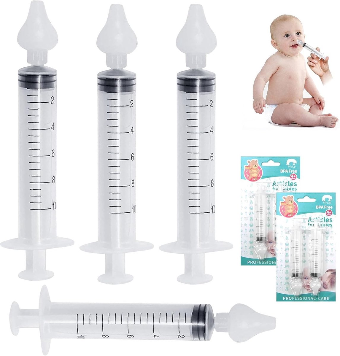 Nasaal spoelsysteem voor kinderen, neusspray met spuit, herbruikbare neusslijmreiniger met siliconen zuigtip, veilig en comfortabel, set van 4 voor optimale neusverzorging