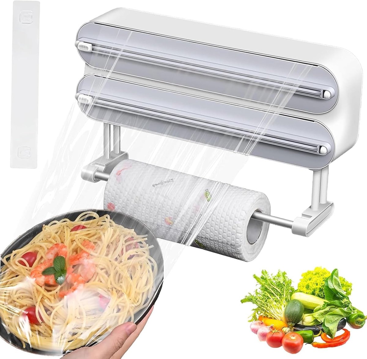 3-in-1 vershoudfoliedispenser, aluminiumfoliedispenser en vershouddispenser hangend, foliedispenser met keukenrolhouder, wandrolhouder, aluminiumfoliedispenser, grijs