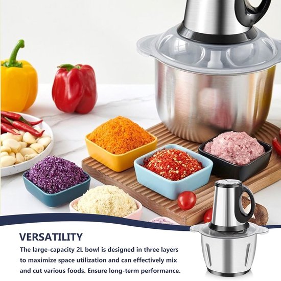 Mini-hakmolen, 2 liter, 300 W, 3 snelheden, voor vlees/groenten/fruit/noten/babyvoeding van MINI — afbeelding 2