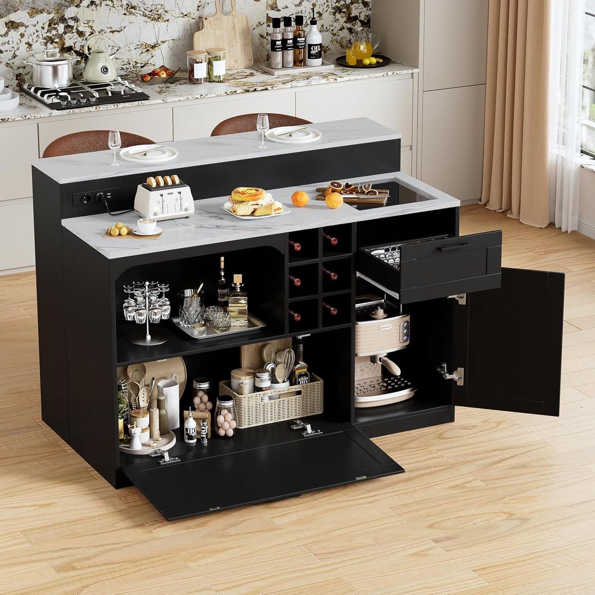 Keuken Eiland - Buffetkast Bar - Keuken Organiseren - Met Ingebouwde Stopcontacten - 125 cm Breed - Wit Zwart