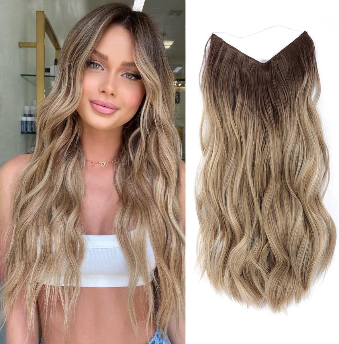 Taj Invisible Secret Wire Extensions 40 cm, met instelbare maat, ombre blond, haarverlenging, lange synthetische met clips, één stuk krullend haarstukje voor vrouwen