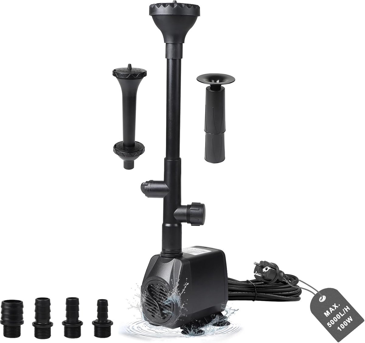Fonteinpomp voor Buiten - Vijverpomp 4500 l/u, Waterpomp, Beeklooppomp 95 W met 4 Sproeiers, 5 m Kabel, 3 Fonteinstijlen voor Vijver
