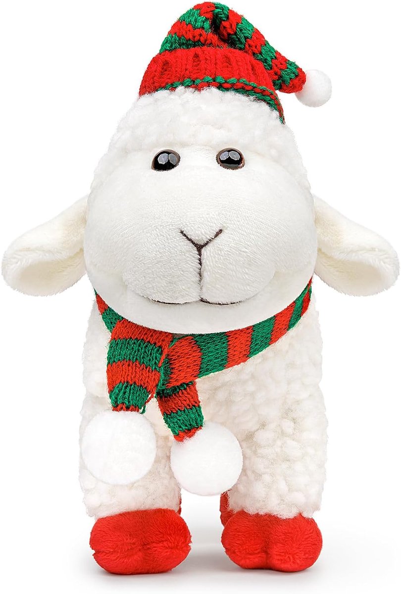 lilizzhoumax Schapendier, 18 cm, standaard, kerstdier, Kawaii knuffeldier, Kerstmis, pluche lam met kerstmuts, speelgoed, cadeau voor vrienden, kinderen, harig knuffeldier, schaap, rood