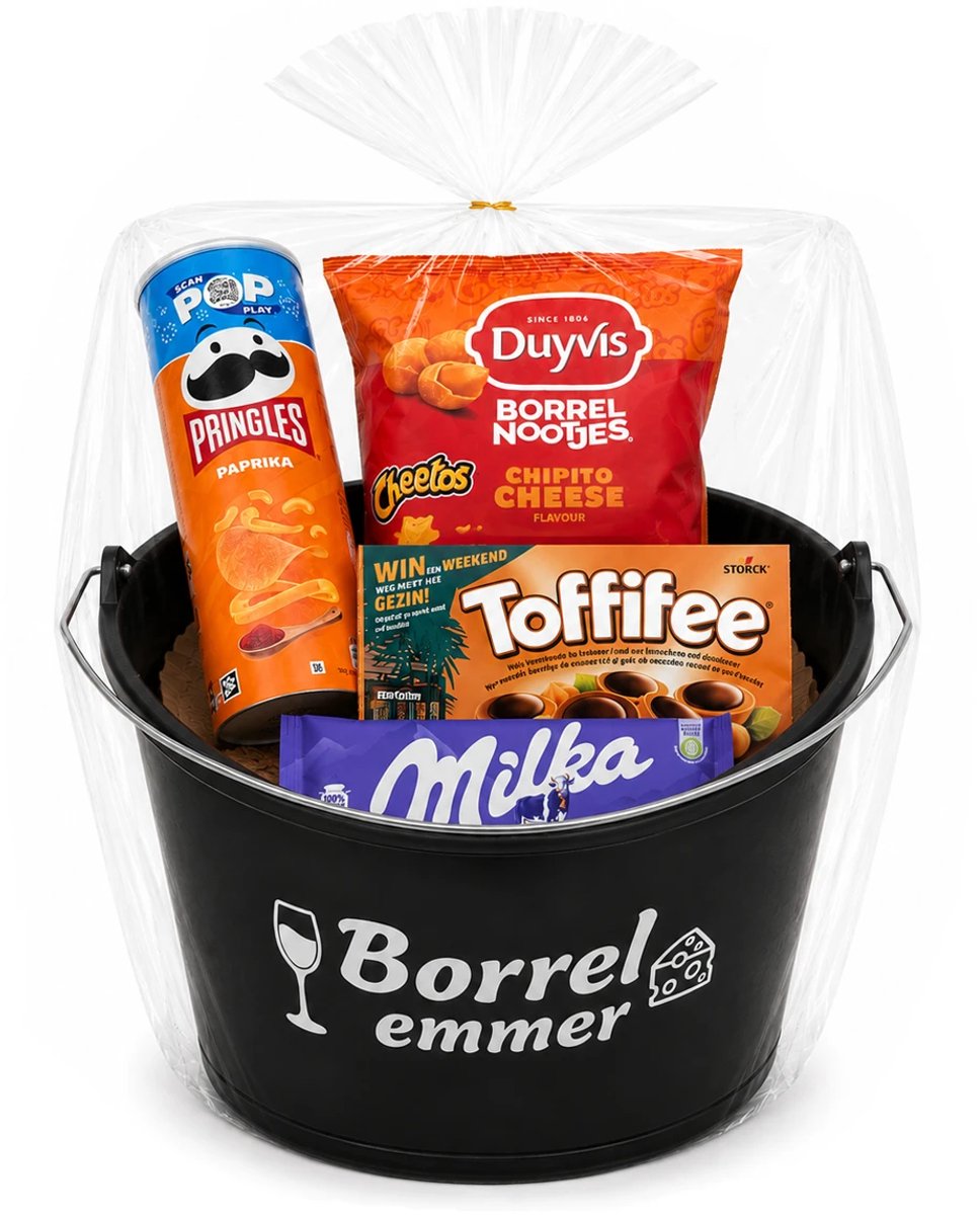 Emmer - Borrel emmer in geschenkverpakking - Gevulde cadeau emmer - met tekst - Verpakt in cellofaan - 12 liter - zwart - Verjaardag man & Vrouw - Jubilieum cadeau - Geslaagd cadeau