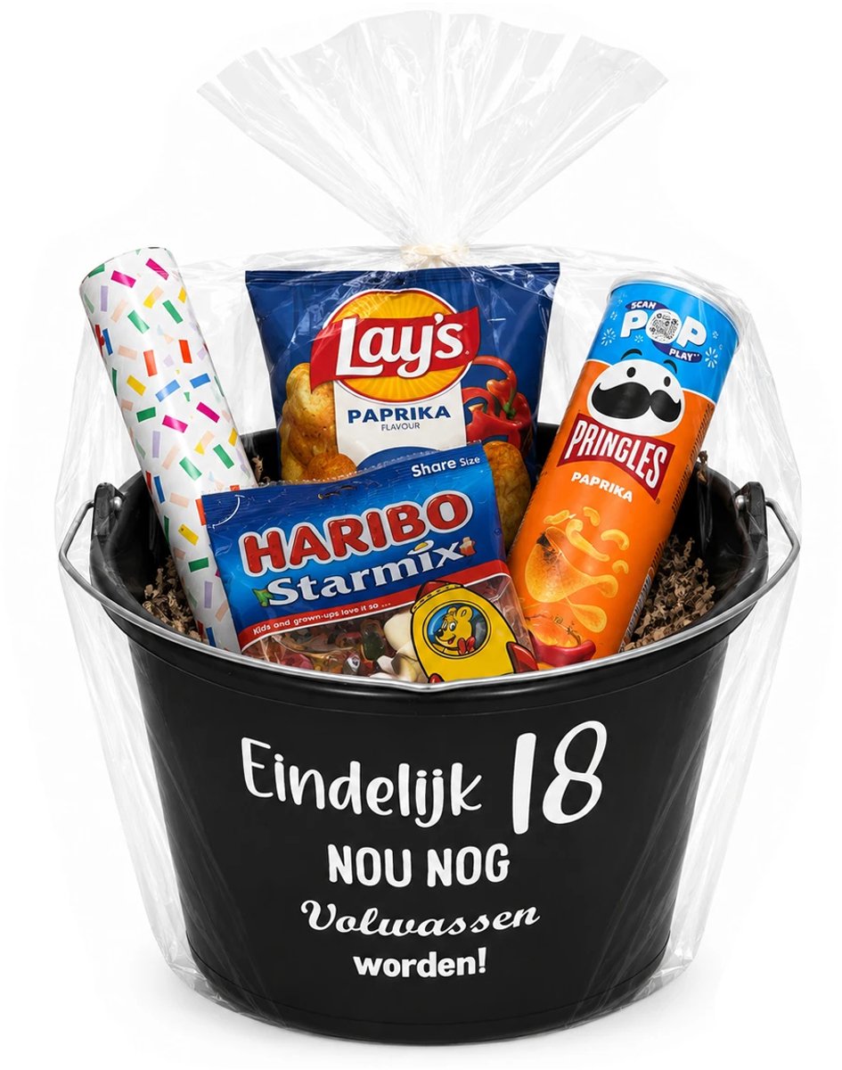 Emmer - Eindelijk 18 in geschenkverpakking - Gevulde cadeau emmer - met tekst - Verpakt in cellofaan - 12 liter - zwart - Verjaardag man & Vrouw - Jubilieum cadeau - Geslaagd cadeau