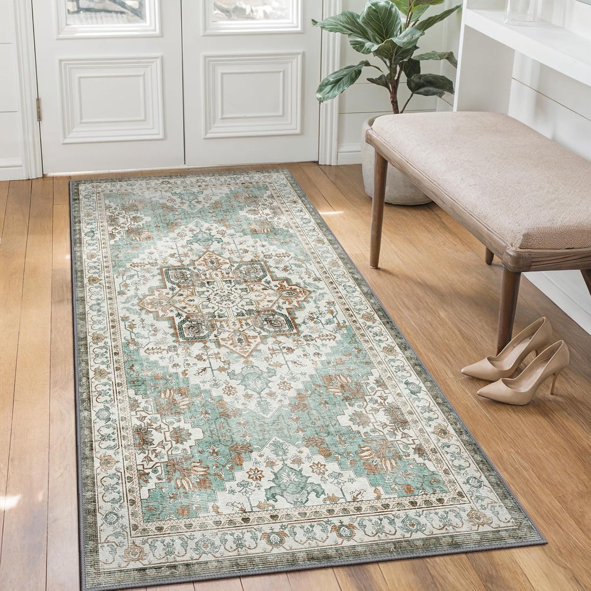 SnelShoppen - Vintage Kortpolig Tapijt Woonkamer 60x120cm, Slaapkamer Vloerkleden, Entree Tapijt Binnen, Antislip Wasbaar, Lichtblauw