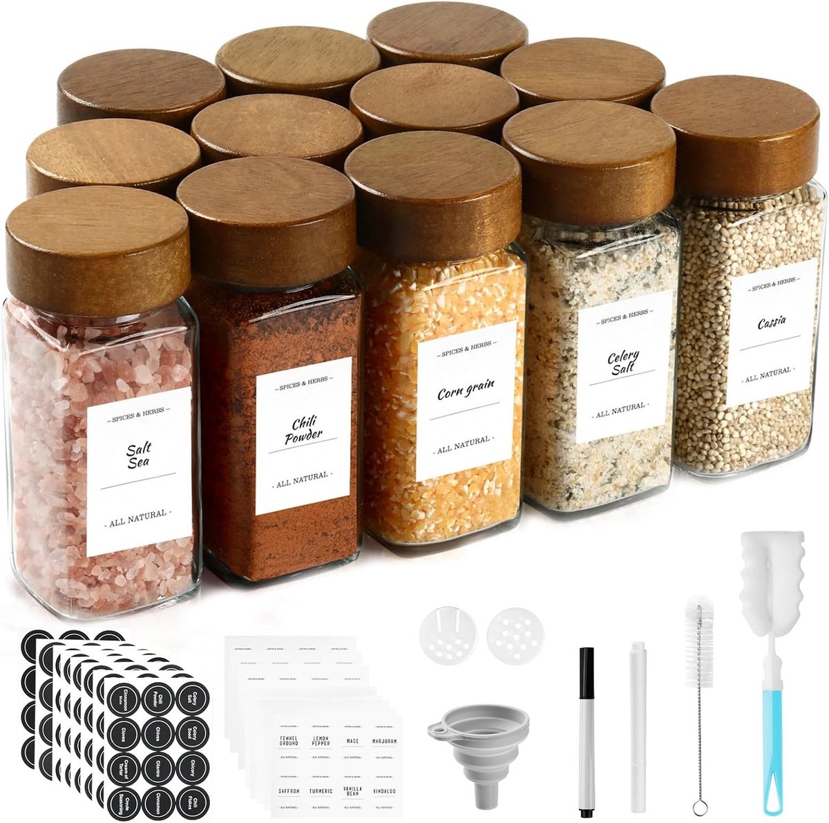 Glazen Kruidenpotjes Set - 12 Vierkante Potten 120ml - Acaciahout - Complete Accessoireset