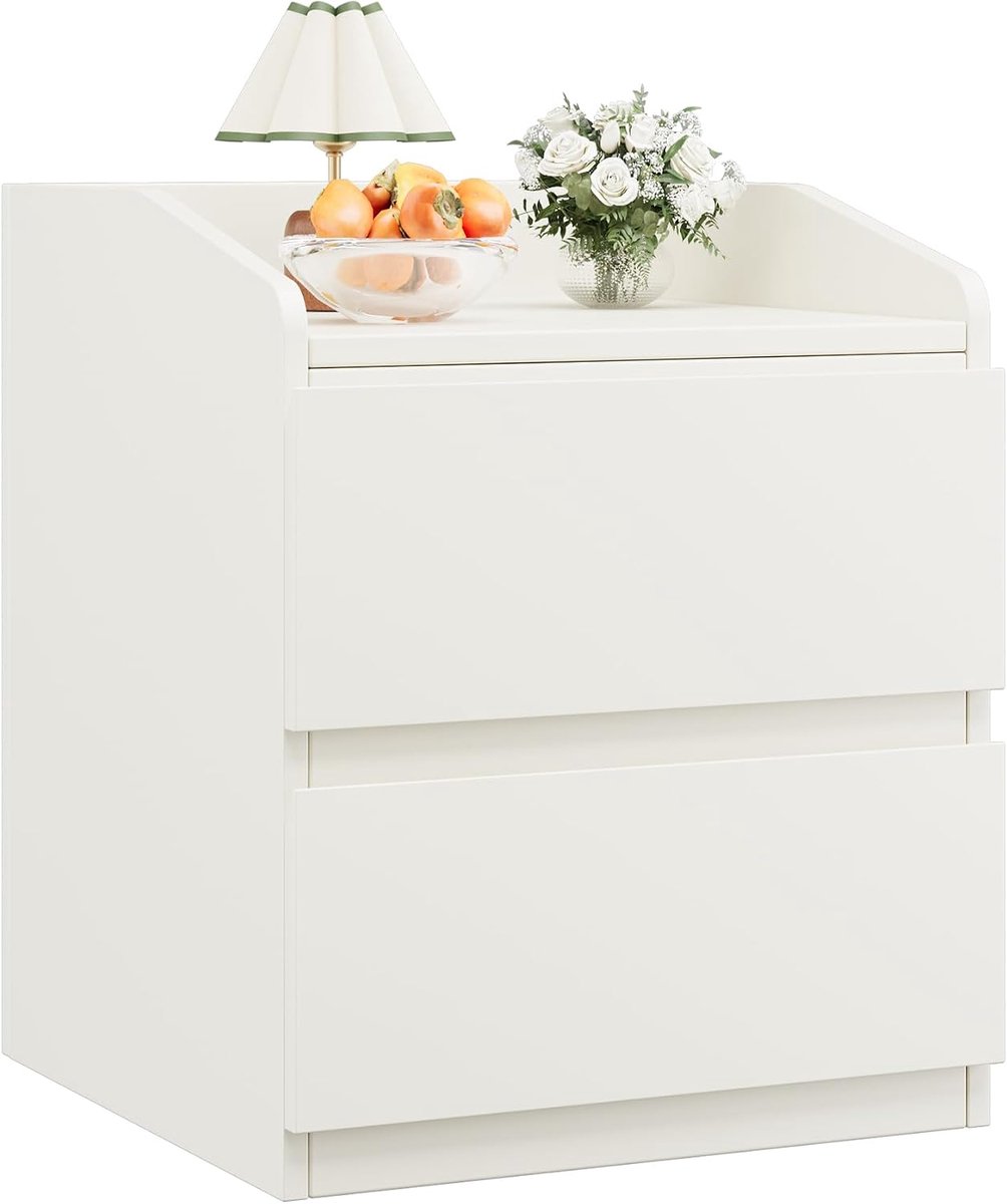 Modern Wit Nachtkastje met 2 Laden - Greepvrij Bedside Table - Bijzettafel Slaapkamer met Opstaande Randen - Stevige Opbergkast - Hoogwaardig MDF - Wit