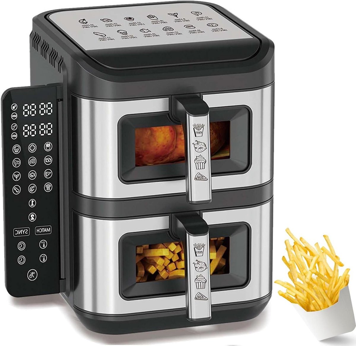 Luchtfriteuse Dubbele Mand - Airfryer Twee Manden - Gezond Koken - Dubbele Manden - 12L - Zwart