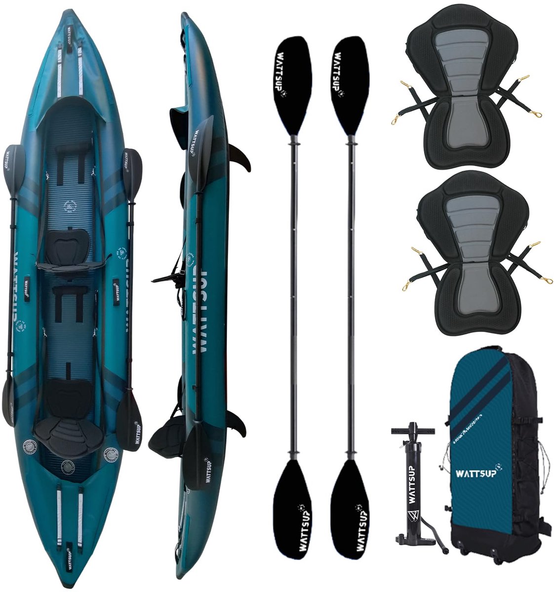 SnelShoppen - Opblaasbare Kayak Wattsup COD 2-zits - 410 x 85 cm - PVC Gelamineerd + Dropstitch - Compleet Pakket - Max. 220 kg - Perfect voor Recreat