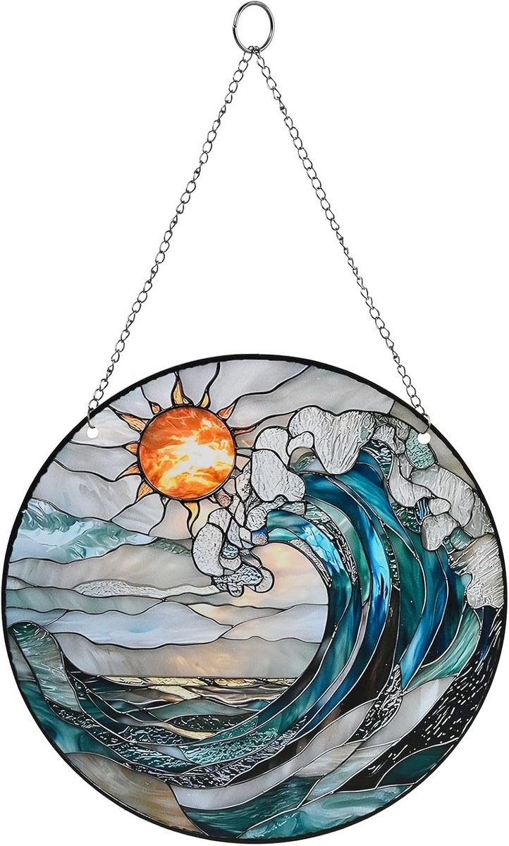 SnelShoppen - Stralende Zonnevanger Raamdecoratie 20 x 20 cm - Hangend Acryl Blauwgolven met Glas-Look - Boho-Design voor Woonkamer, Tuin en Terras -