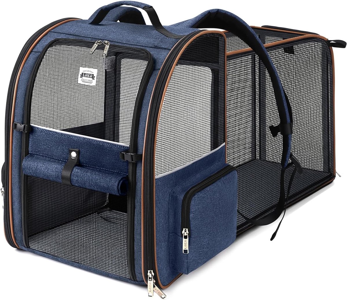 SnelShoppen - Honden en Katten Rugzak Expandable Draagtas, Grote Vouwbare Draagkennel met Veiligheidsharnas en Diermat, Maximaal 10kg, Blauw XL
