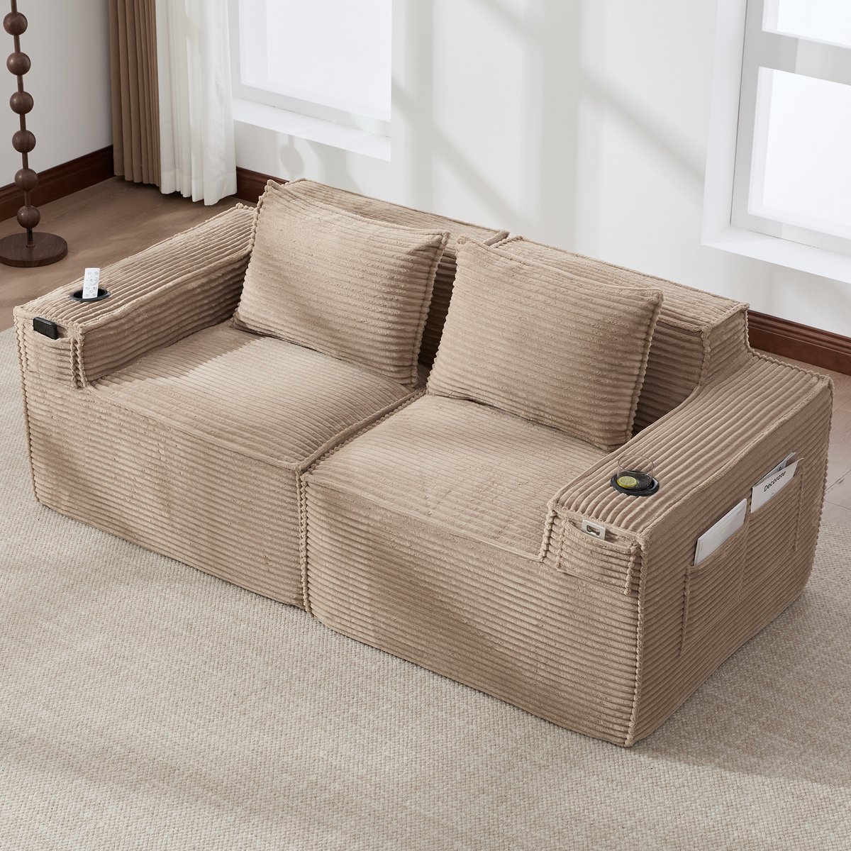 2-Zits Ribstof Bank - Moderne Modulaire Sofa Met Springkern En Bekerhouder