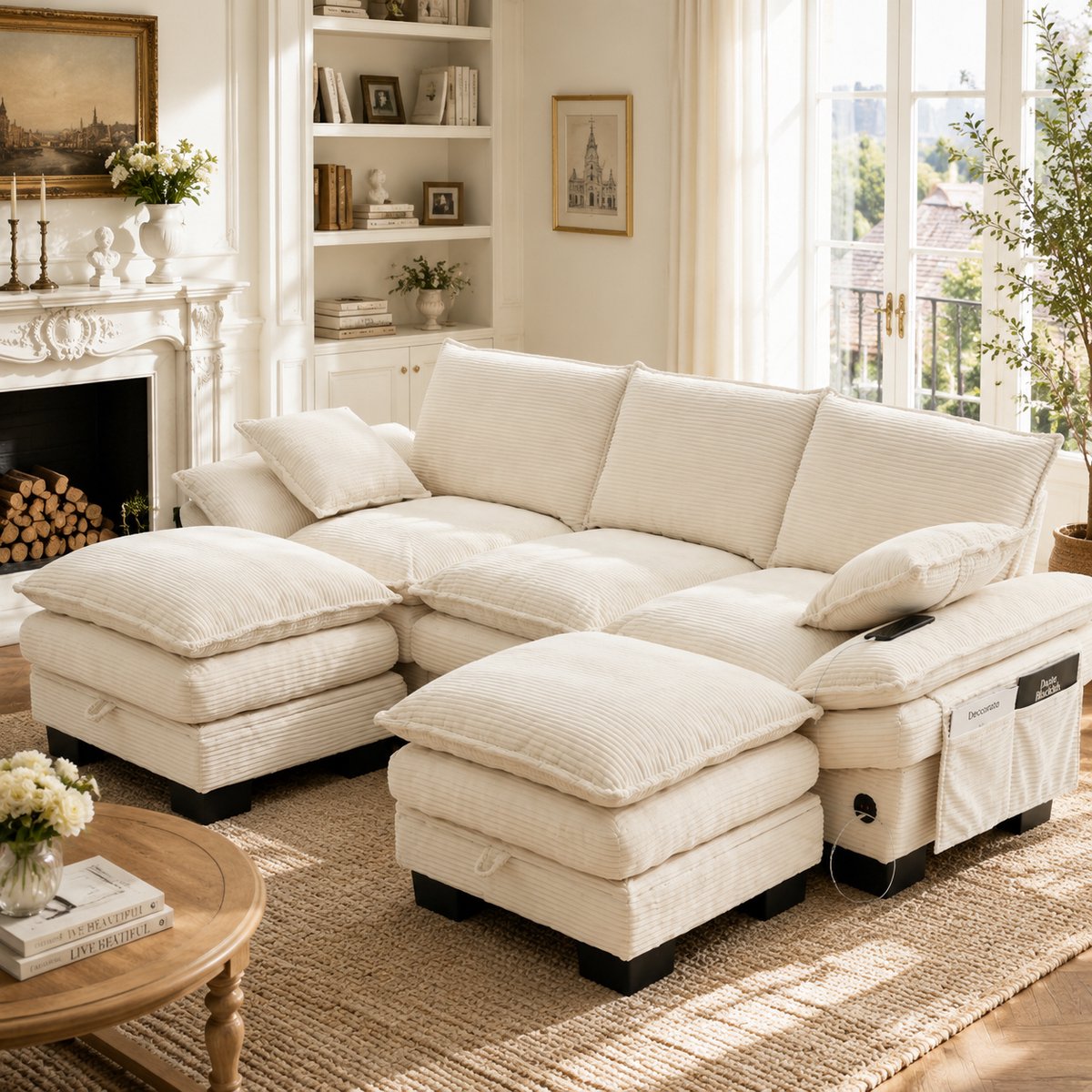 3 Zits Bank Beige - Ribstof Sofa Met 2 Hockers, Comfortabel En Modulair