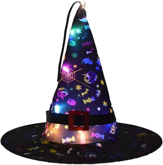 Heksenhoed Halloween - Verkleedhoed Kinderen - Feestkostuum Aankleden - Met LED Lichtjes - 38 x 30 x 1 cm - Zwart