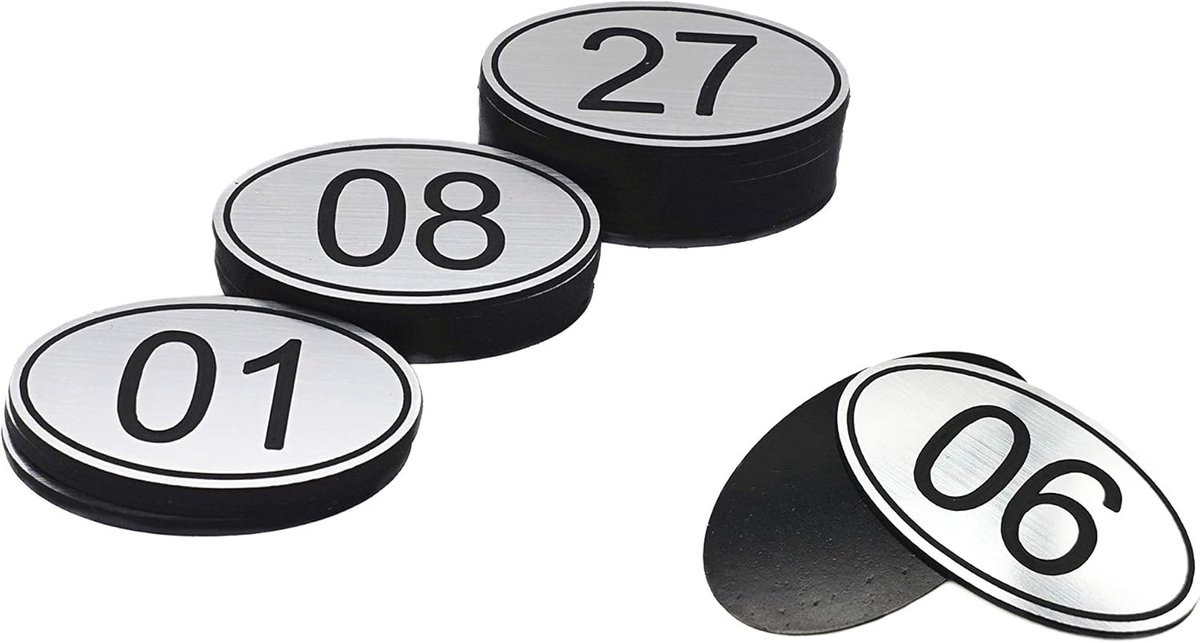 Tafelnummers van ABS, gegraveerd, 30 mm x 50 mm, ovaal, 1-100, voor kroegen, restaurants, clubs, zilverkleurig, 1 tot 100