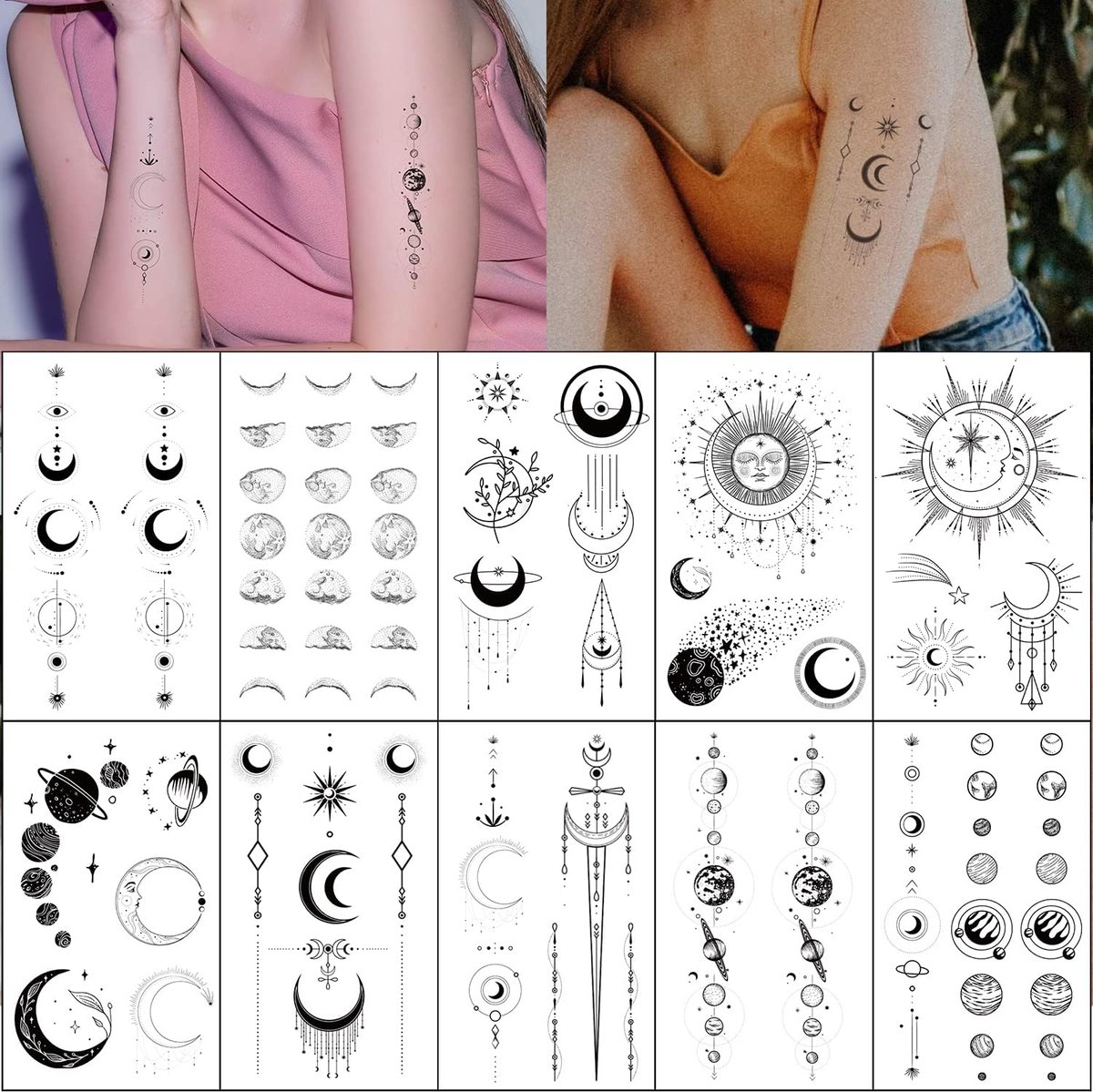 maan zon sterren ruimte planeten keten tijdelijke tatoeages verticale wervelkolom tattoo stickers voor vrouwen mannen