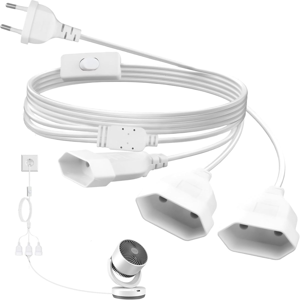 verlengkabel met schakelaar, 2 m, verlenging, plat, 3-in-1 | Platte stekkerdoos 250 V/2,5 A max voor projectorlamp, computermonitor, tv, pc (wit)