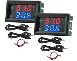 2 stuks meting 4~30V directe voeding rood + blauw dubbel display digitale thermometer met waterdichte metalen sensor voor temperatuur