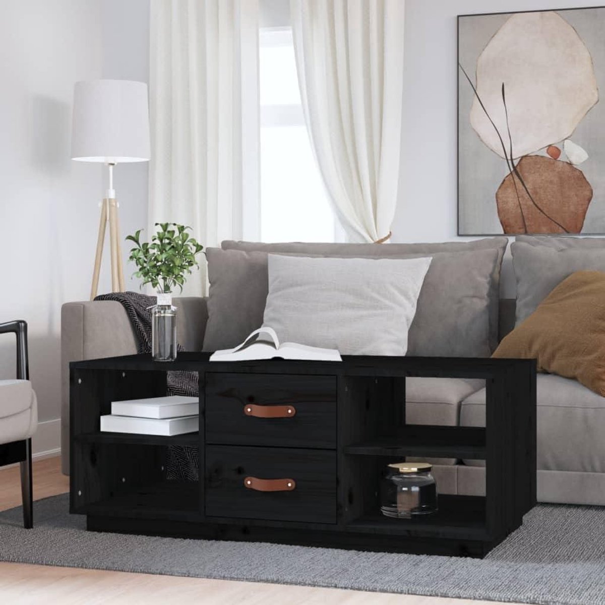 Salontafel Massief Grenen - Bijzettafel Woonkamer - Opbergen Leefruimte - Praktische Laden Planken - 100 x 50 cm - Zwart