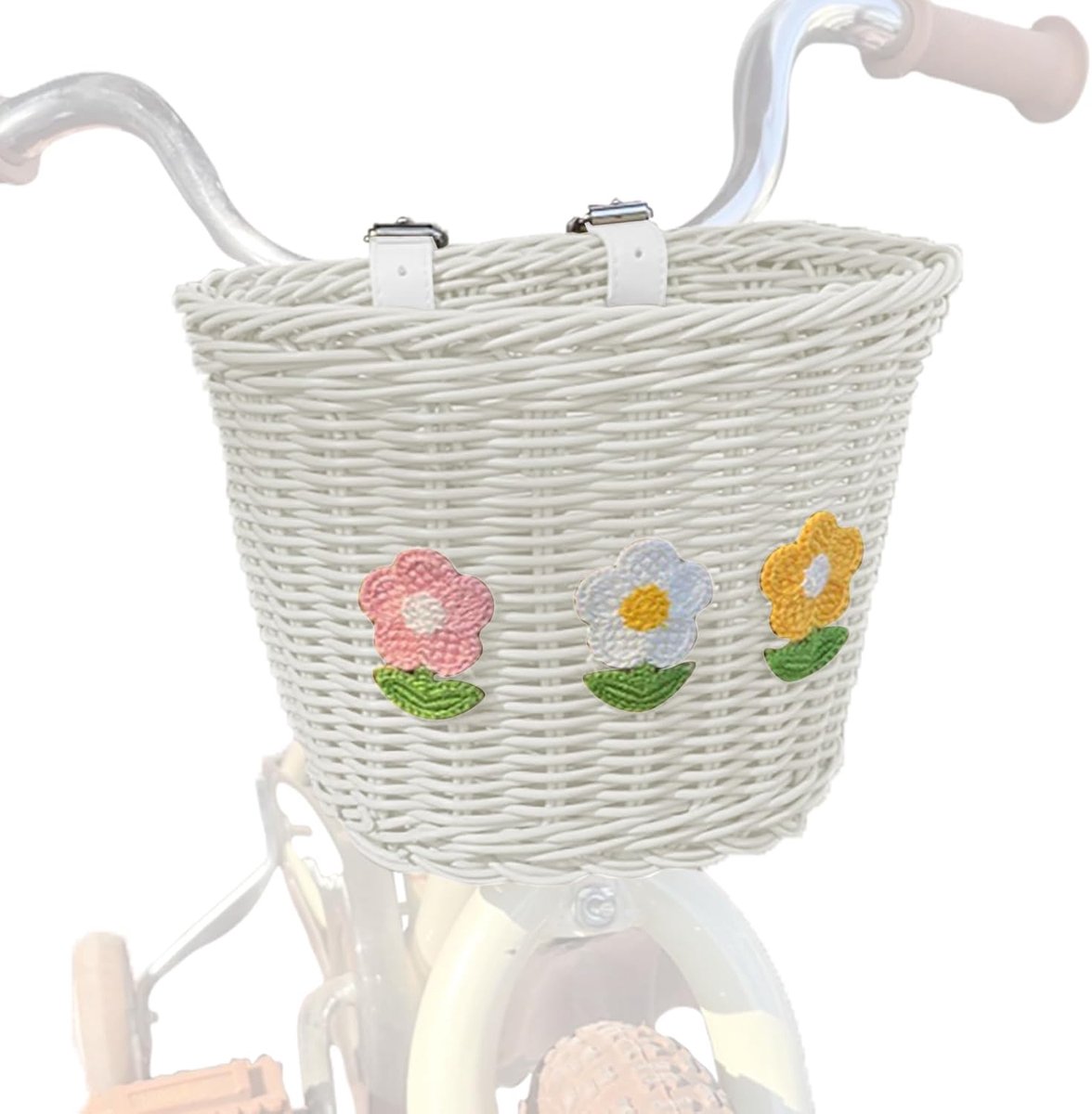 Fietsmand voor kinderen – Mand van kunstrotan – Fietsmandje meisjes - Handgevlochten mand – Stuurmand – Geschikt voor jongens- en meisjesfietsen, driewielers en loopfietsen 25x19x18 cm – Wit