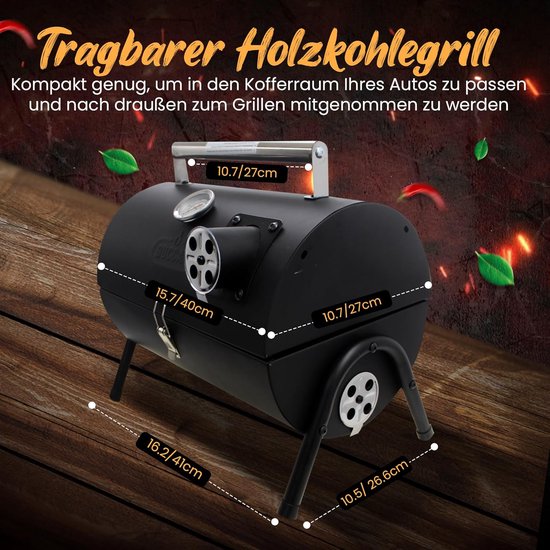 SnelShoppen - Compacte Houtskool Barbecue, Smoker, Draagbare en Vouwbare Cilindrische Barbecue voor Camping, RVS Handvat, Thermometer, Barbecue Rooste van snelshoppen — afbeelding 5