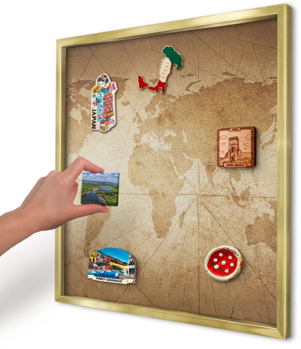 Artprintcave Beige Magneetbord mit Gouden Frame - 50x50 cm - Oude Kaart Magnetische Organizer - Vintage Magnetisch Bord - Kaarten