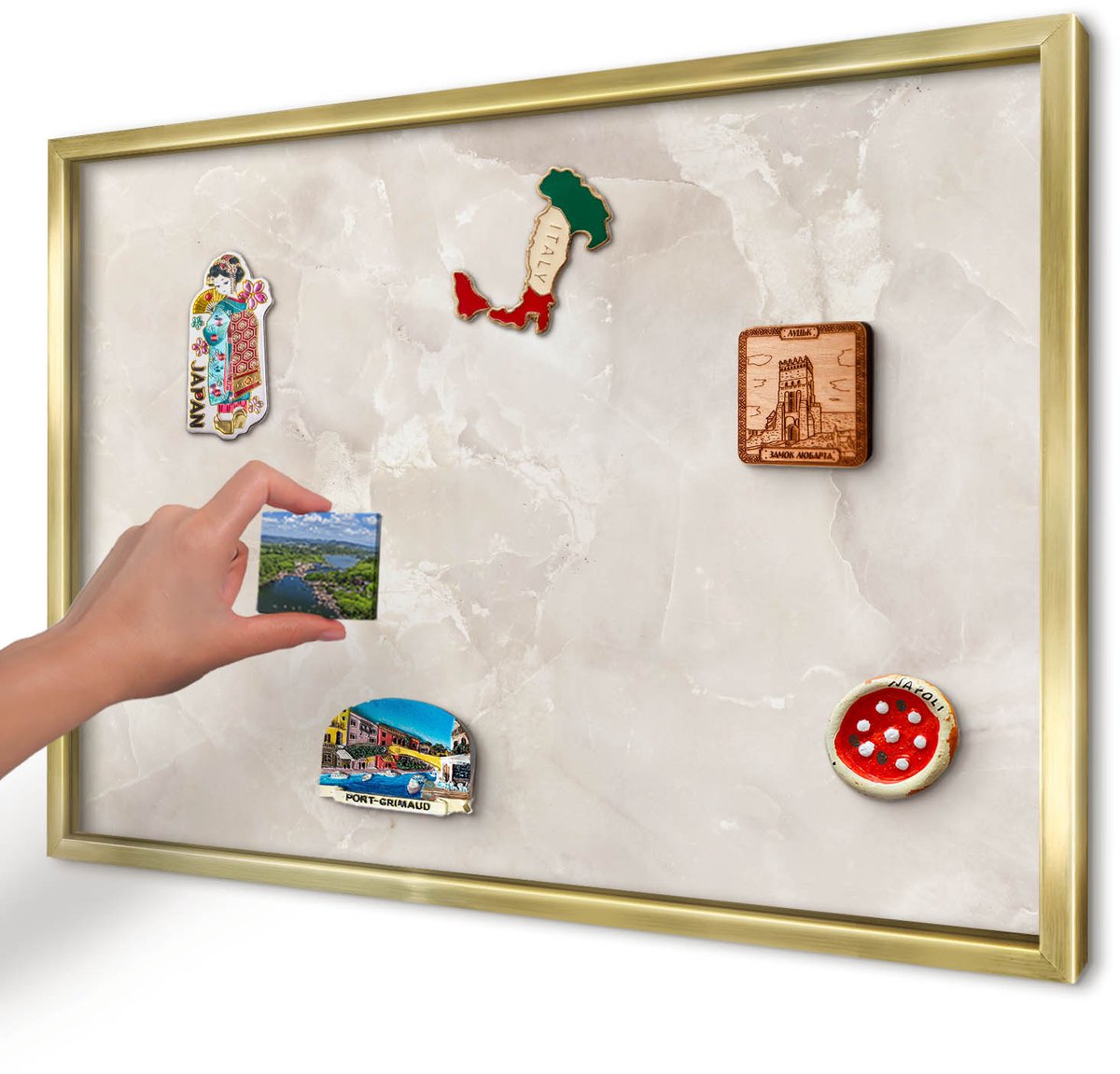 Artprintcave Beige Magneetbord mit Gouden Frame - 60x40 cm - Beige Marmer Magneetbord Voor Keuken - Minimalist Memobord Keuken - Texturen