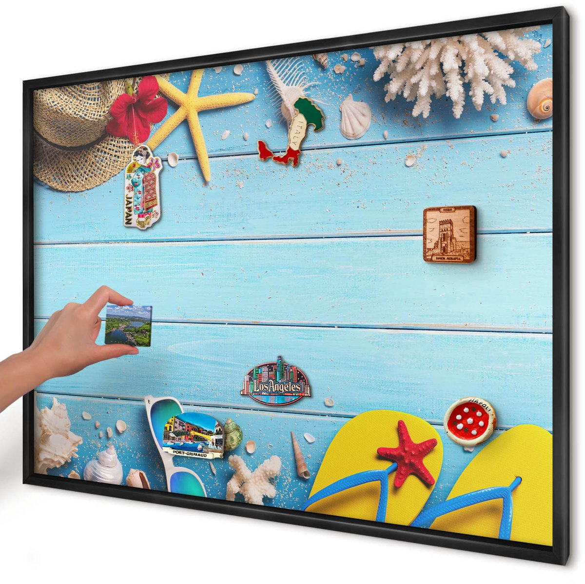 Artprintcave Blauw Magneetbord mit Zwart Frame - 100x70 cm - Vakantiestrand Magnetisch Bord Voor Magneten - Minimalist Notitiebord - Natuur